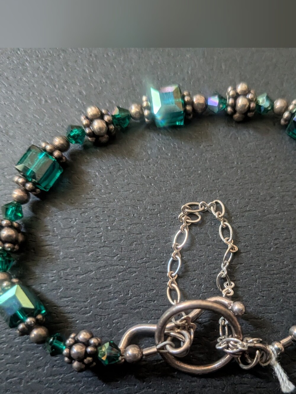 Swarovski Green Crystal Cube Sterling Silver Toggle Bracelet Handmade Artisan